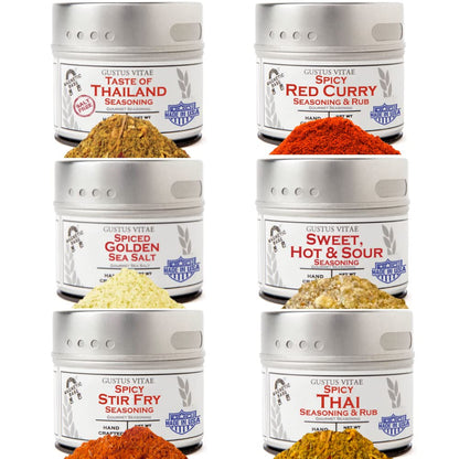 Thai Seasonings Gourmet Gift Set | Tastes of Thailand | Artisanal Spice Blends Six Pack | Non GMO, All Natural | No MSG, Gluten, Soy, Nuts | Small Batch, Hand Made Seasonings | No Artificial Ingredients, Ultra Premium Spice Mixes | Made in USA | GLP-1 Fri