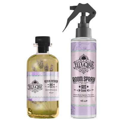 Ella & Iris Home - Reed Diffuser & Room Spray Bundle - Essential Oil Diffuser & Freshener Spray for Aromatherapy Benefits, Odor Eliminator, & Non-Toxic Air Freshener - Great Gift for Mom - Iris Scent