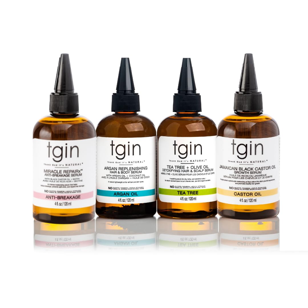 tgin Hair Serums 4 pack - MRx Anti-Breakage Serum, Tea Tree and Olive Oil Serum, Argan Replenishing Serum, and Jamaican Black Castor Oil - Dry Hair, Curly Hair, Hydrates, 4 oz bottle