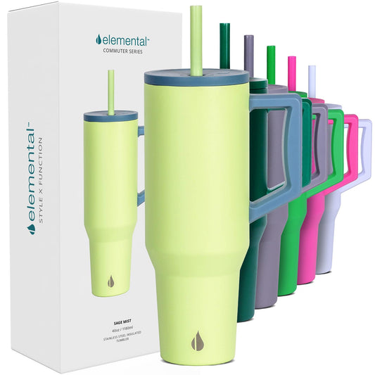 Elemental 40 oz Tumbler with Handle and Straw - Spill Proof Insulated Stainless Steel Commuter for Hot and Cold Beverages - Travel Coffee Mug with 2 Straws & Spill Proof Lid - 40oz - Sage Mist