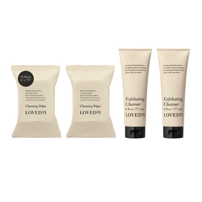 Loved01 Cleansing & Exfoliating Bundle, Salicylic Acid Cleansing Wipes & Hydrating Exfoliating Cleanser (2-Pack 6 Oz Cleanser & 48-Pack Wipes)
