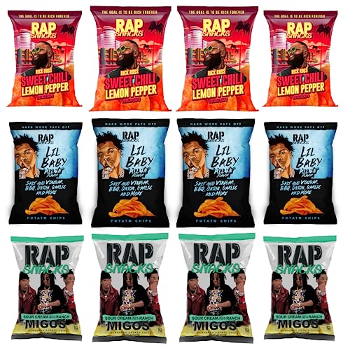 Rap Snacks Lil Baby, Rick Ross, and Migos, All In, Sweet Chili Lemon Pepper, and Sour Cream with a Dab of Ranch Chips Variety - Pack of 12