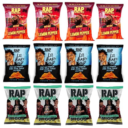 Rap Snacks Lil Baby, Rick Ross, and Migos, All In, Sweet Chili Lemon Pepper, and Sour Cream with a Dab of Ranch Chips Variety - Pack of 12