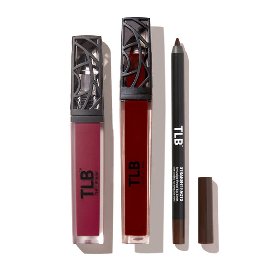 The Lip Bar Vegan Lip Kit, with Straight Facts Lip Liner, Rich Auntie Liquid Matte Lipstick, and Vixen Non-Stickly Lip Gloss, 3 pieces