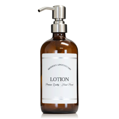 Artanis Home Amber Refillable Lotion Dispenser with Pump for Kitchen, Bathroom Sink - Glass Boston Round Moisturizer Bottle - Waterproof Label - 16 oz
