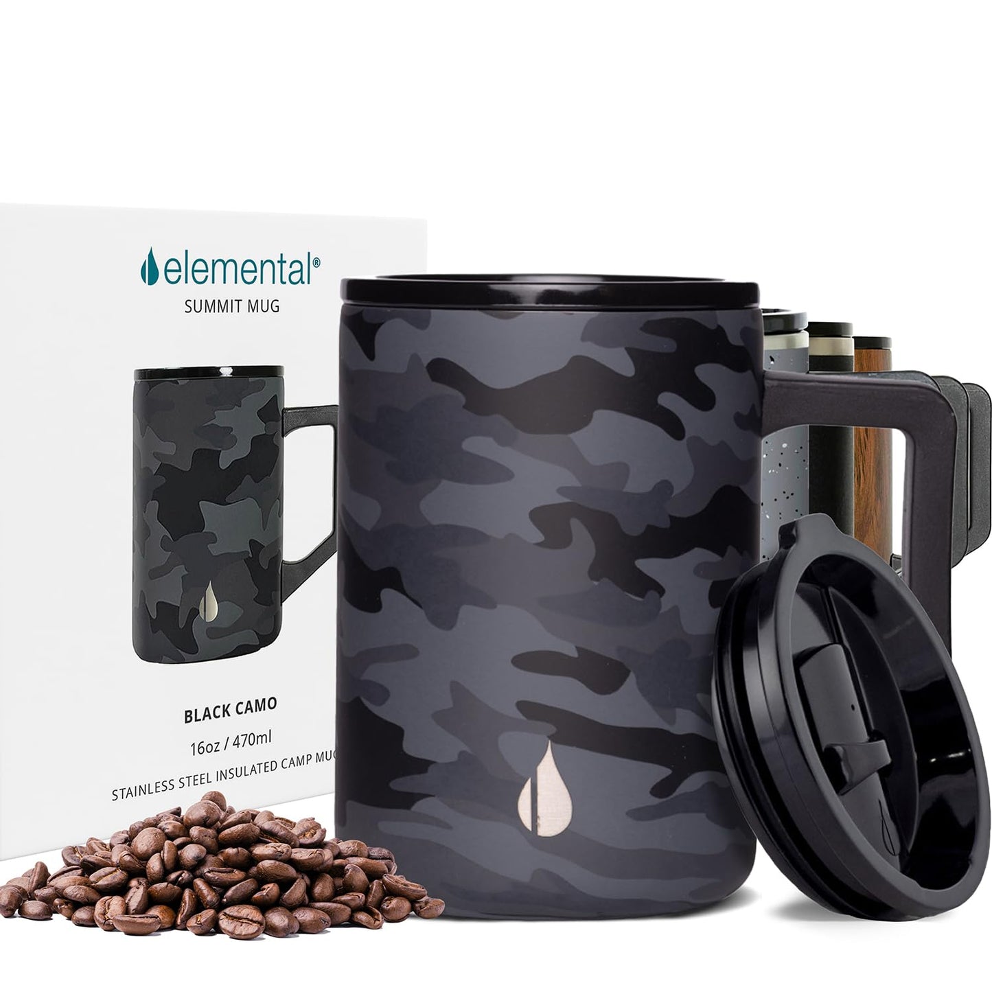 Elemental Insulated Coffee Mug - Triple-Wall Stainless Steel Summit Travel Cup for Hot and Cold Drinks - Thermal Coffee Mug with Lid and Handle for Camping, Office & Travel 16oz - Black Camo