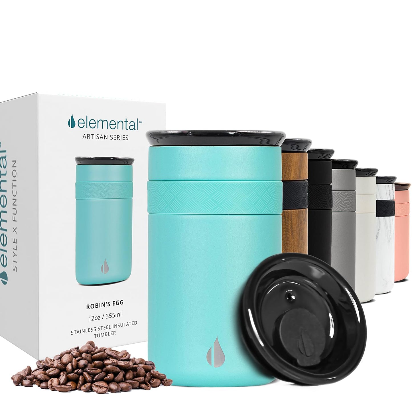 Elemental Artisan Insulated Tumbler, Triple Wall Coffee Travel Mug, Reusable Stainless Steel Coffee Tumbler with Ceramic Lid, Thermal Coffee Cups for Hot (6 Hrs) & Cold (18 Hrs), 12oz - Robin's Egg