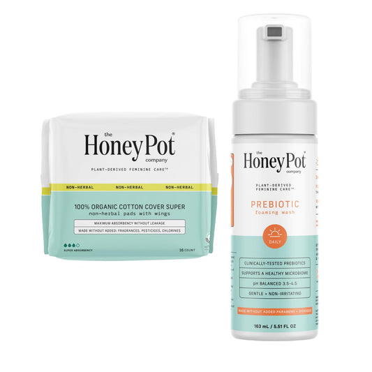 The Honey Pot Company - Non-Herbal Super Pads & Prebiotic Feminine Wash Bundle - Sanitary Pads for Women - ph Balanced Plant Based Wash Free from Parabens & Sulfates - Feminine Care - FSA Eligible