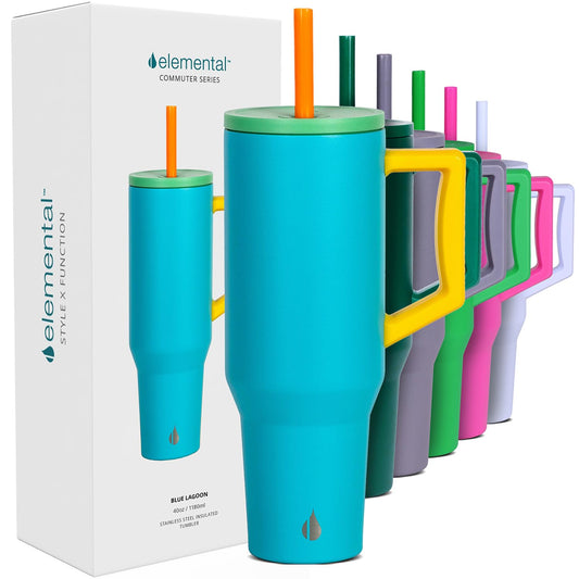 Elemental 40 oz Tumbler with Handle and Straw - Spill Proof Insulated Stainless Steel Commuter for Hot and Cold Beverages - Travel Coffee Mug with 2 Straws & Spill Proof Lid - 40oz - Blue Lagoon