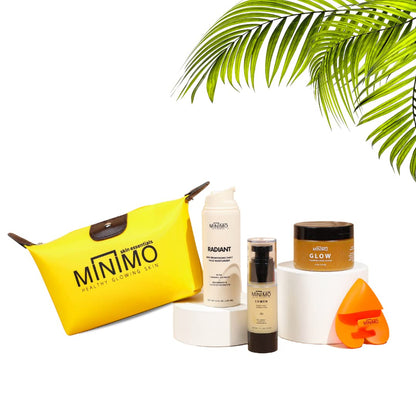 Minimo Skin Essentials Glow Starter Pack for Dull, Uneven Skin Tone Promotes a Glowing Complexion 3 Full Size Products, Applicator, & Makeup Bag Included