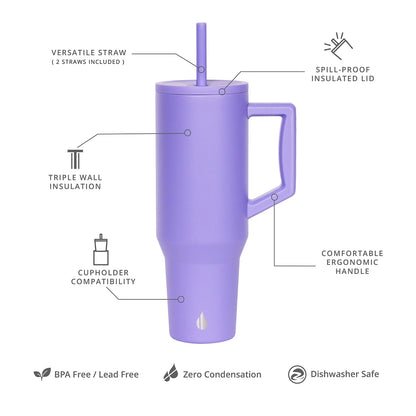 Elemental 40 oz Tumbler with Handle and Straw - Spill Proof Insulated Stainless Steel Commuter for Hot and Cold Beverages - Travel Coffee Mug with 2 Straws & Spill Proof Lid - 40oz - Lavender