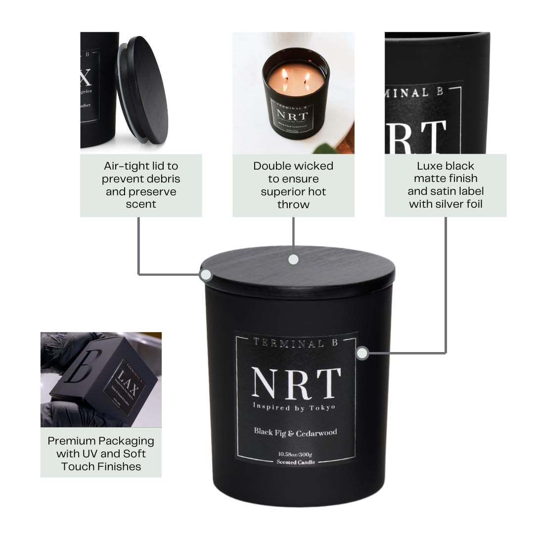 TERMINAL B Luxury Scented Candle, NRT - Tokyo: Black Fig & Cedarwood, Travel Inspired Airport Coded Candle, 10.58 oz, 60 Hour Burn Time, Made in Los Angeles