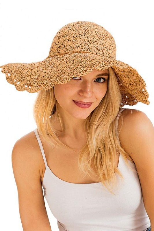 2Chique Boutique Women's Straw Flower Handmade Knitted Floppy Sun Hat (Tan)