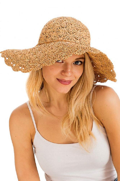 2Chique Boutique Women's Straw Flower Handmade Knitted Floppy Sun Hat (Tan)