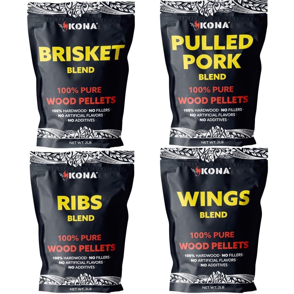 Kona Wood Pellets Brisket, Ribs, Wings,and Pulled Pork Blend Variety Pack, Intended for Ninja Woodfire Outdoor Grill, Wood Fire Oven, 4, 2lb Resealable Bags