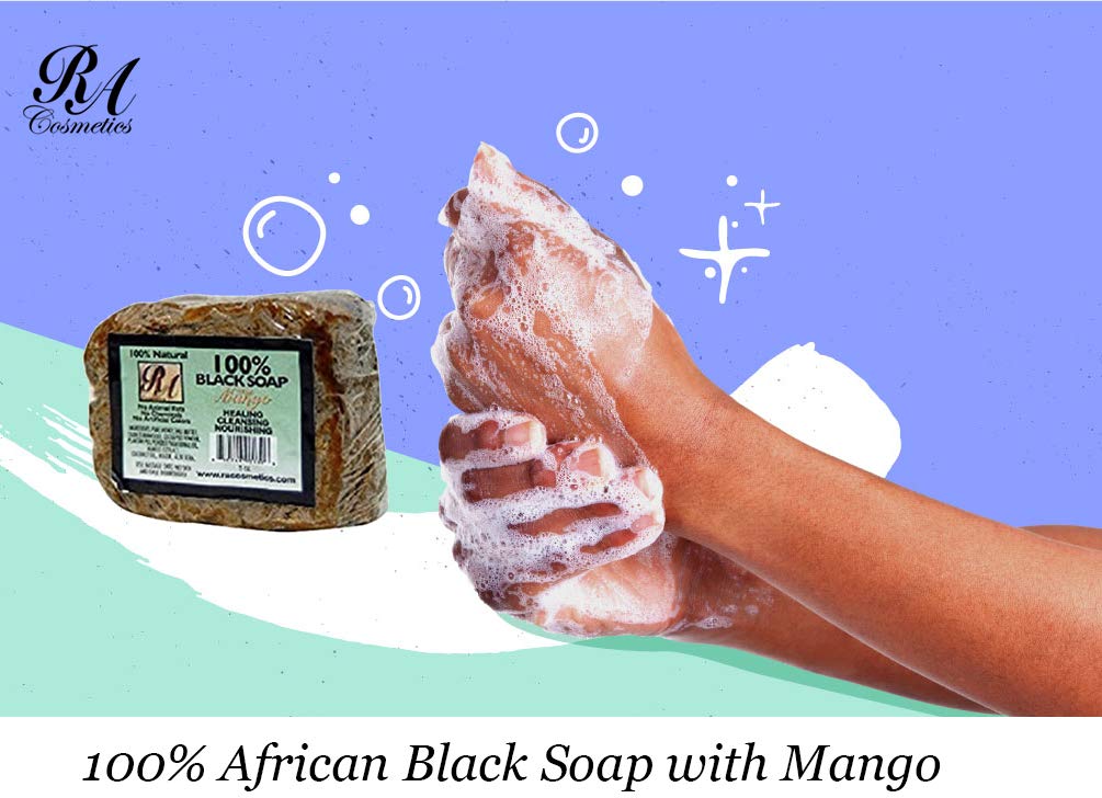 RA Cosmetics 100% Natural African Black Soap, Mango Scent, 5 oz, 141g