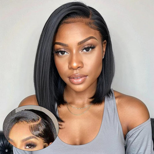 BLY 13x6 HD Lace Front Bob Wig 12 Inch C Part Short Straight Human Hair Wigs Side Part Pre Plucked Glueless Wig for Women Natural Black Color 180 Density