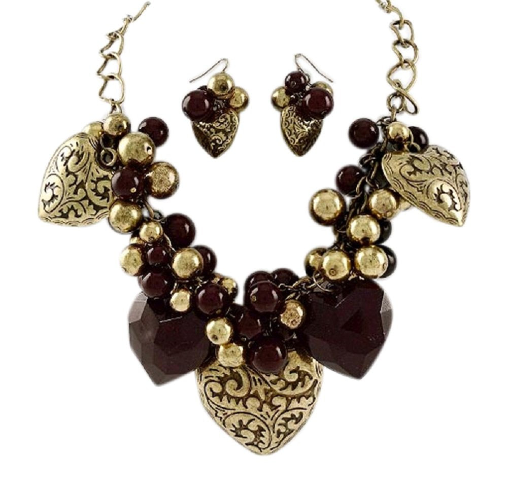 2Chique Boutique Women's Heart Cluster Chain Necklace Set (Brown)