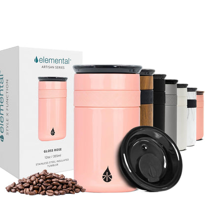 Elemental Artisan Insulated Tumbler, Triple Wall Coffee Travel Tumbler, Reusable Stainless Steel Coffee Tumbler with Ceramic Lid, Thermal Coffee Cup for Hot (6 Hrs) & Cold (18 Hrs), 12oz - Gloss Rose