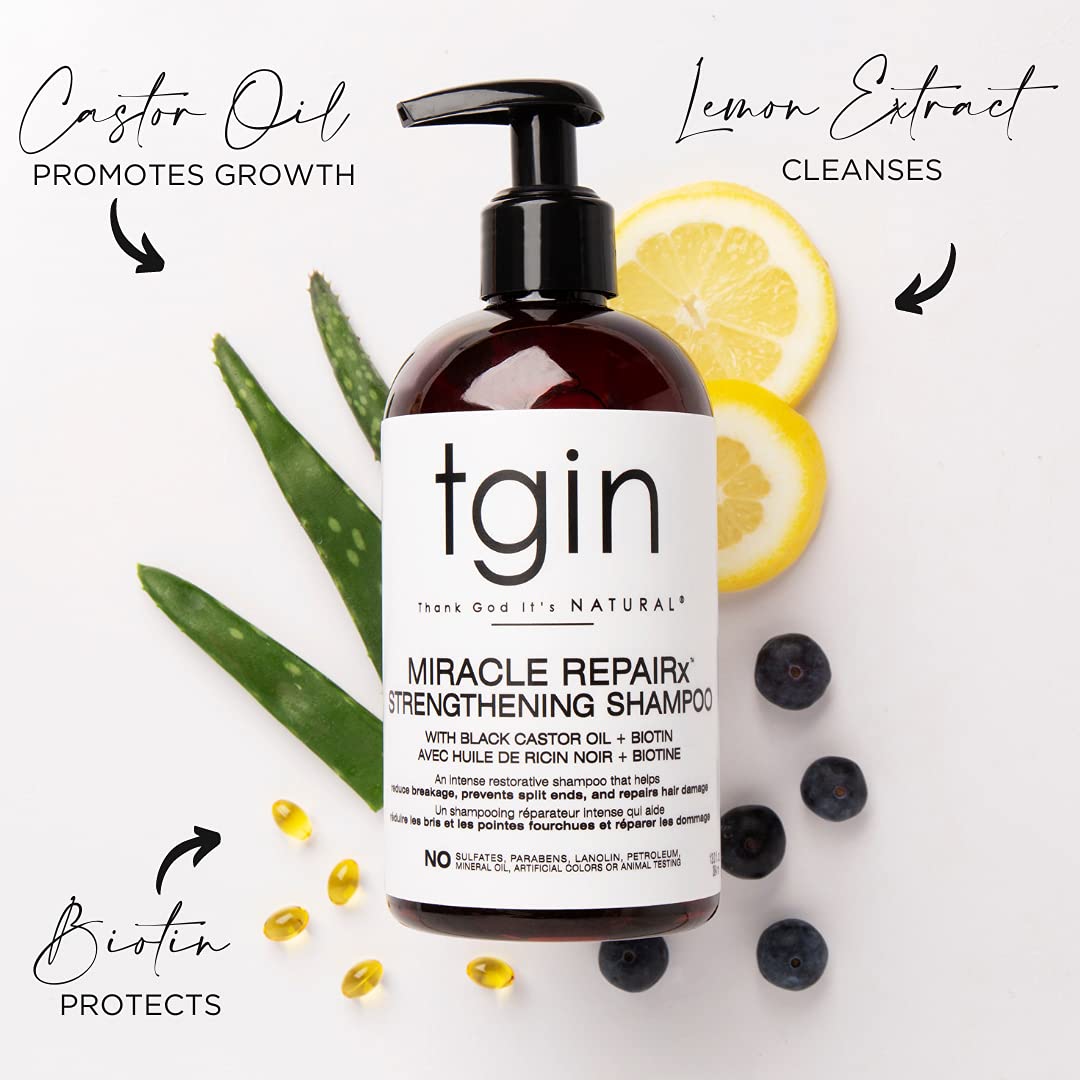 Thank God It's Natural tgin Miracle RepaiRx Strengthening Shampoo for Curly, Coily and Wavy Hair, with Black Castor Oil and Biotin, Repairs, Protects, and Restores Damaged Hair, 13 oz