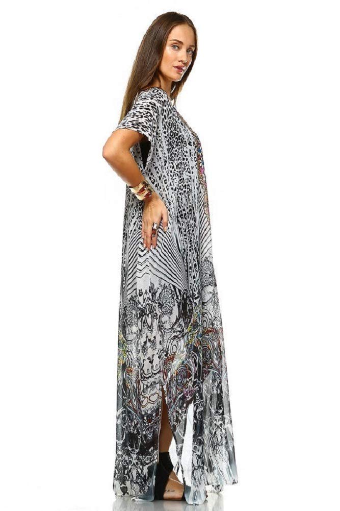 2Chique Boutique Women's White and Multi Color Embellished Kaftan Maxi Dress (XS/S)