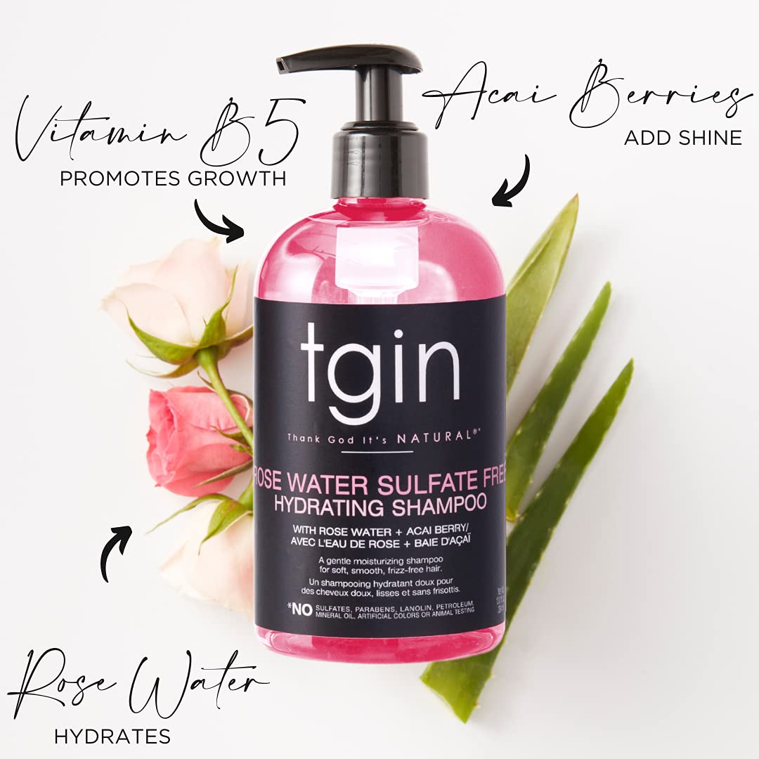 Thank God It's Natural tgin Rose Water Sulfate-Free Hydrating Shampoo for Curly, Coily and Wavy Hair, with Rose Water and Acai Berry, Moisturizes Low Porosity Hair, 13 oz