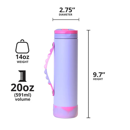 Elemental Iconic Kids Water Bottle with Straw Lid & Stress Reliever Pop It Handle, Leak-Proof When Closed, Triple Insulated Stainless Steel Reusable Thermos Water Bottle, 20oz - Lilac Tie Dye