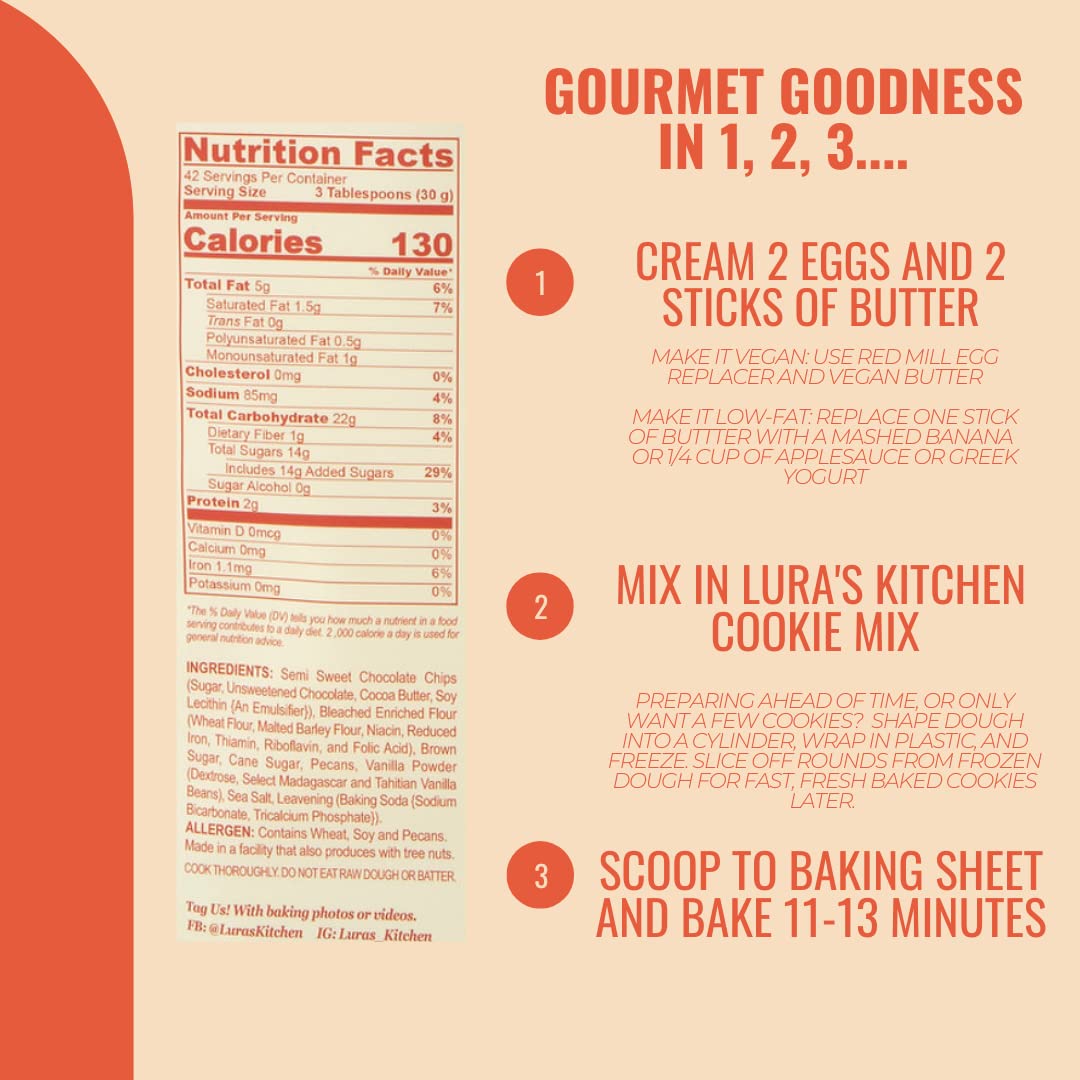 LURA’S KITCHEN IT’S ALL IN THE MIX - Tura Lura’s Chocolate Chip with Pecans (makes 36+ medium cookies) - Gourmet Dry Cookie Dough Mix – American-sourced ingredients – 100% Responsibly Sourced Semi Sweet Chocolate Chips– Texas Pecans - Easy, Fast, No Mess