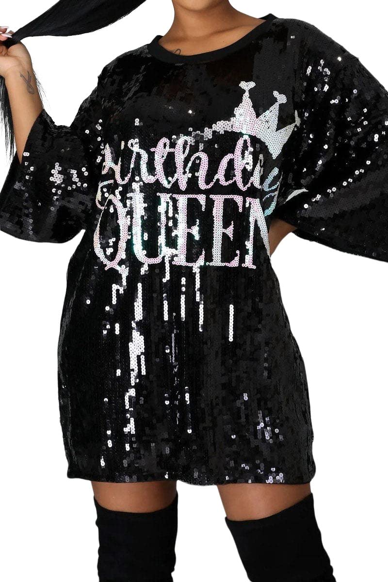 2Chique Boutique Women’s Sequin T Shirt Dress Birthday Queen One Size Mini Dress Black/AB