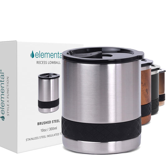 Elemental Recess Lowball Tumbler, 10oz Triple Wall Stainless Steel Cup with Non-Shattered Tritan Lid, Insulated Whiskey Glass, Insulated Coffee Tumbler Mug for Hot & Cold Drinks - Brushed Steel