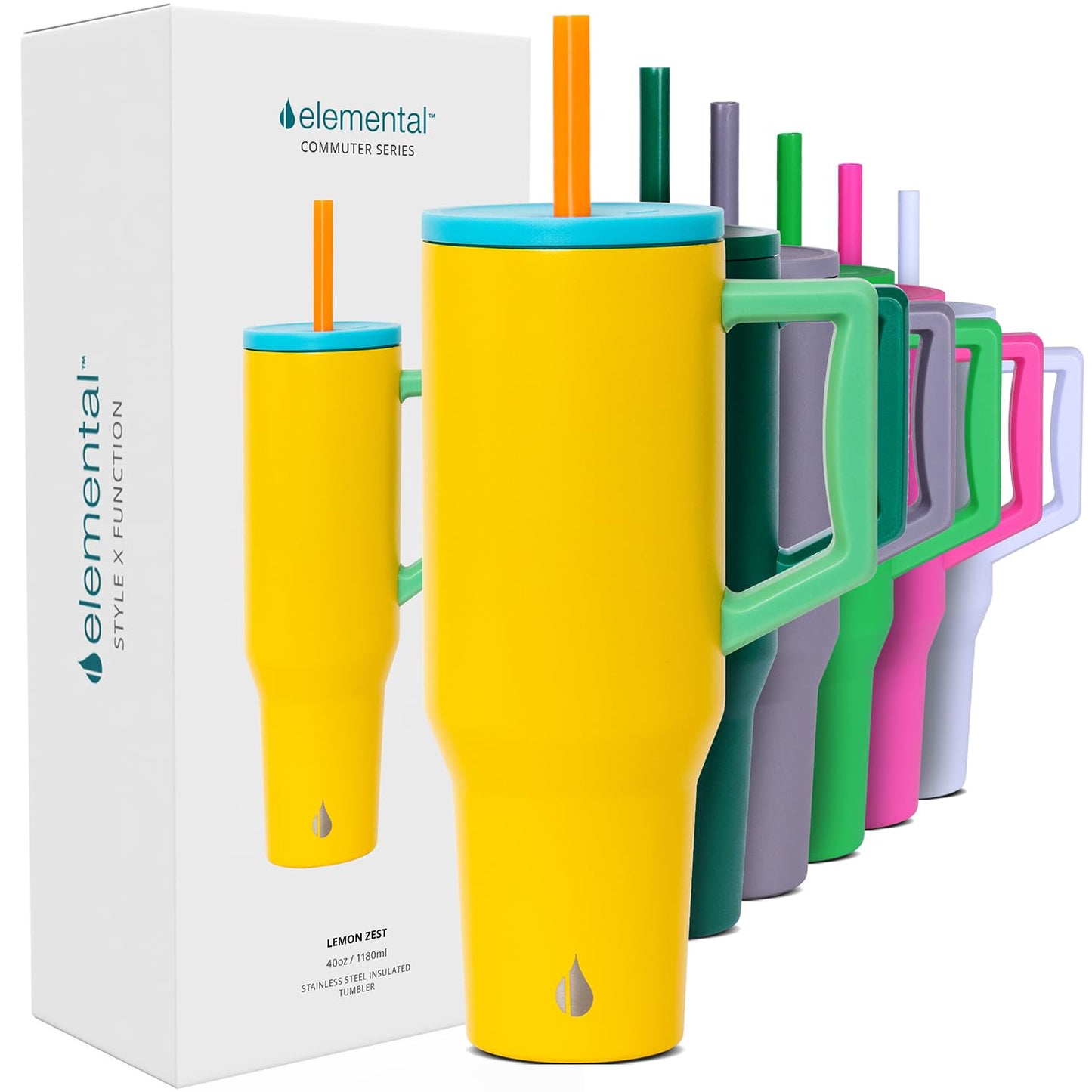 Elemental 40 oz Tumbler with Handle and Straw - Spill Proof Insulated Stainless Steel Commuter for Hot and Cold Beverages - Travel Coffee Mug with 2 Straws & Spill Proof Lid - 40oz - Lemon Zest