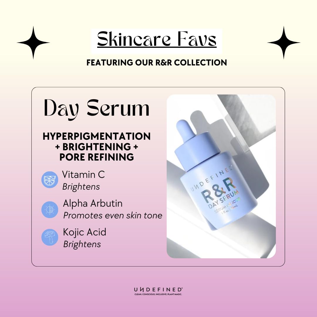 Undefined Beauty R&R Day Serum, Daily Brightening Serum infused with Vitamin C, Kojic Acid, Niacinamide, Alpha Arbutin, Licorice Root