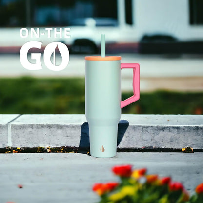 Elemental 40 oz Tumbler with Handle and Straw - Spill Proof Insulated Stainless Steel Commuter for Hot and Cold Beverages - Travel Coffee Mug with 2 Straws & Spill Proof Lid - 40oz - Mint Sorbet