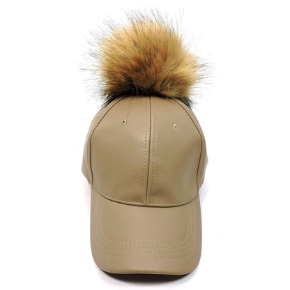 2Chique Boutique Women's Faux Leather Snap Off Pom Pom Hat (Beige)