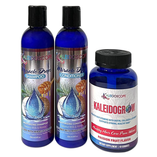 Kaleidoscope - Miracle Drops Shampoo, Conditioner & Kaleidogrow Vitamins– Hair Care Styling Bundle 3 Pcs Set