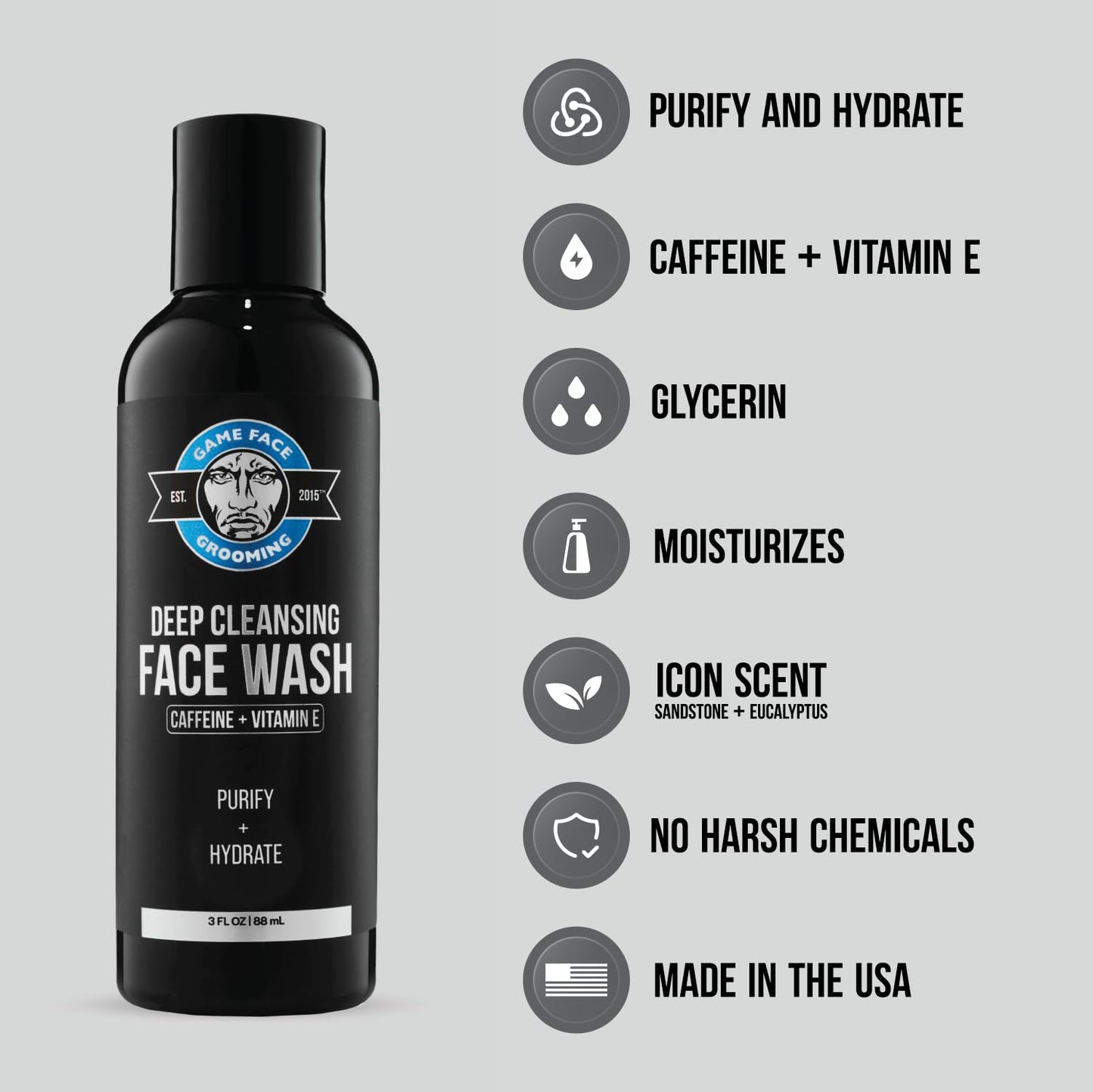 Game Face Grooming Men’s Face Wash - Deep Cleansing Face Wash with Caffeine and Vitamin E | Glycerin, Honeysuckle, Aloe Vera, & Grape Seed Oil |Purify and Hydrate Your Skin | 3 Fl Oz