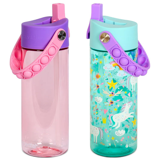 Elemental Leak Proof Water Bottles for Kids - Splash Kids Water Bottle for School with Pop-it Handle - Tritan Plastic Water Bottle with Straw - Unicorn & Rose - 18oz (2 Pack)