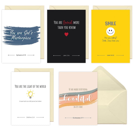KultureGames 10 Pack Premium Christian Greeting Cards, Inspirational Cards with Envelopes & Stickers (5 Empowering & Encouraging Religious Bible Verse Inspired Messages) Scripture Cards (5x7 inch)