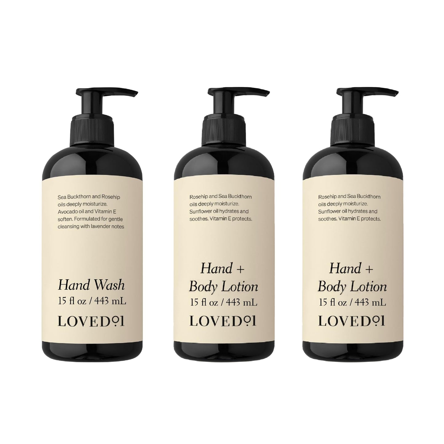 Loved01 Cleansing & Moisturizing Bundle Hand Wash & Hand/Body Lotion, (15 Oz Hand Wash & 2-Pack 15 Oz Hand & Body Lotion)