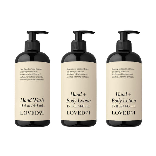 Loved01 Cleansing & Moisturizing Bundle Hand Wash & Hand/Body Lotion, (15 Oz Hand Wash & 2-Pack 15 Oz Hand & Body Lotion)