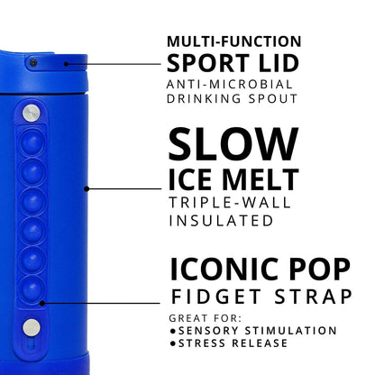 Elemental Iconic Kids Water Bottle with Straw Lid & Stress Reliever Pop It Handle, Leak-Proof When Closed, Triple Insulated Stainless Steel Reusable Thermos Water Bottle, 14oz - Royal Blue