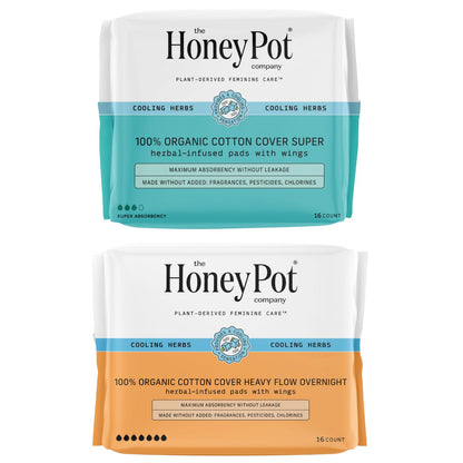 The Honey Pot Company - Herbal Pads for Women - Super & Heavy Flow Overnight Pads Bundle - Infused w/Essential Oils for Cooling Effect & Cotton Cover - Sanitary Pads - Feminine Care - FSA Eligible
