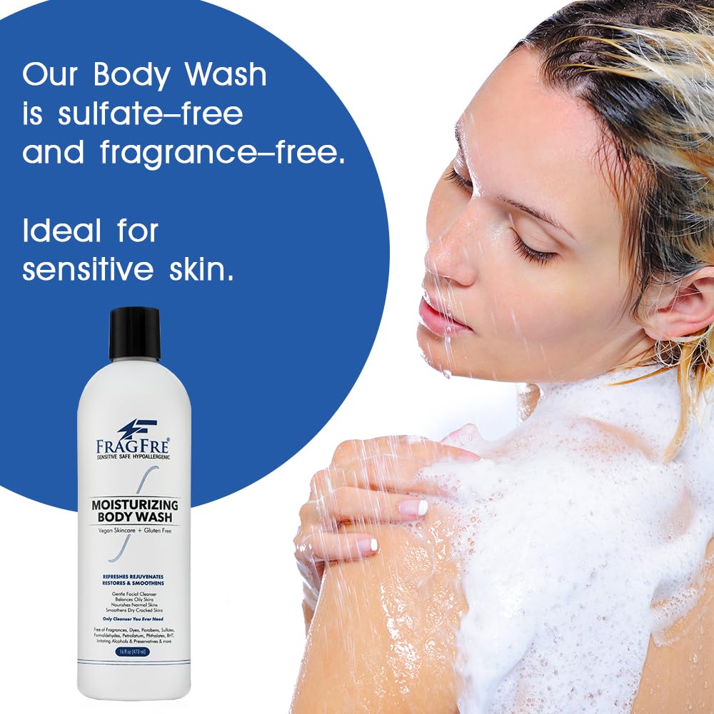 FRAGFRE Moisturizing Body Wash 16 oz: Gentle Body and Facial Cleanser - Sulfate-Free and Fragrance-Free - Suitable for Normal, Oily, Dry, and Sensitive Skin Types - Vegan, Gluten-Free, and Cruelty-Free - Unscented and Hypoallergenic (1 Pack 16 oz)