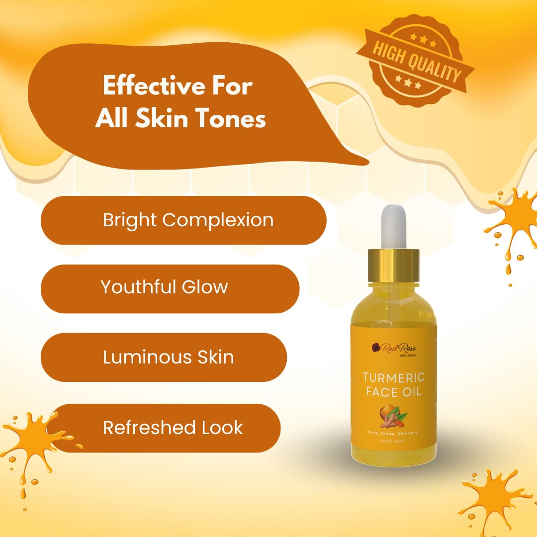 Red Rose Naturals Turmeric Face Oil - Facial Serum & Moisturizer with Vitamin C for Women & Men, Hydrates & Revitalizes Dull Skin - All Skin Types - Made with Turmeric Essential Oil- 1 oz.