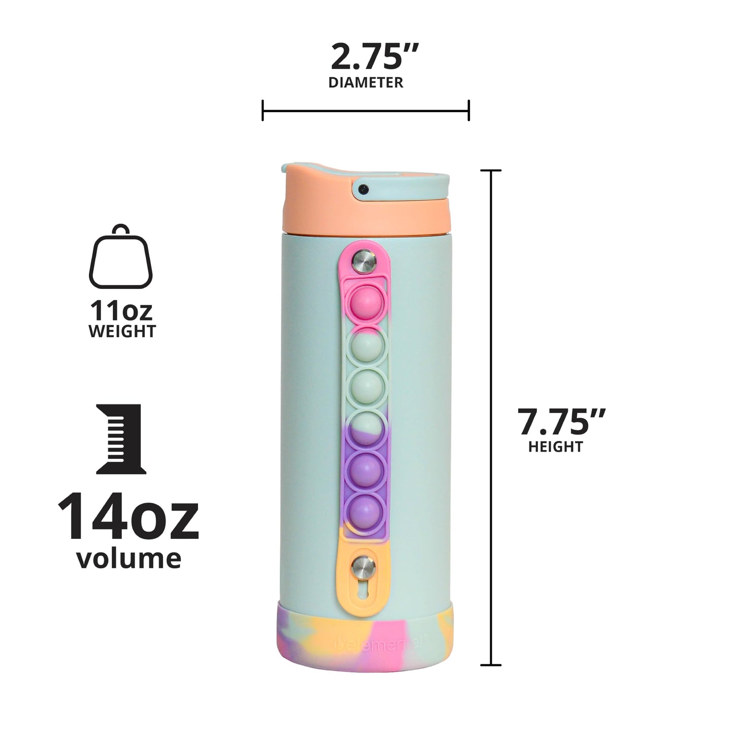 Elemental Iconic Kids Water Bottle with Straw Lid & Stress Relief Pop It Handle, Leak-Proof When Closed, Triple Insulated Kids Stainless Steel Water Bottle For Girls and Boys, 14oz - Mint Sorbet