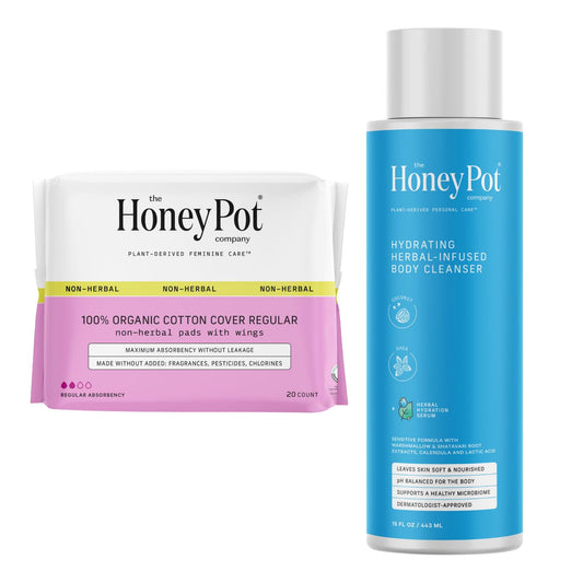 The Honey Pot Company - Non-Herbal Regular Pads & Coconut Shea Body Cleanser Bundle - Sanitary Pads for Women - Hydrating Body Wash to Moisturize & Cleanse Skin - Feminine Care - FSA & HSA Eligible