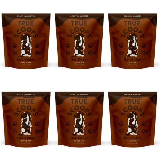 True Scoops 6-Pack Hot Fudge Sauce Mix. Add One Ingredient - Half & Half! Makes 1 Cup of Sauce. Made With Real Cocoa Powder. Gluten-Free, Peanut-Free, and Kosher. (124g ea)