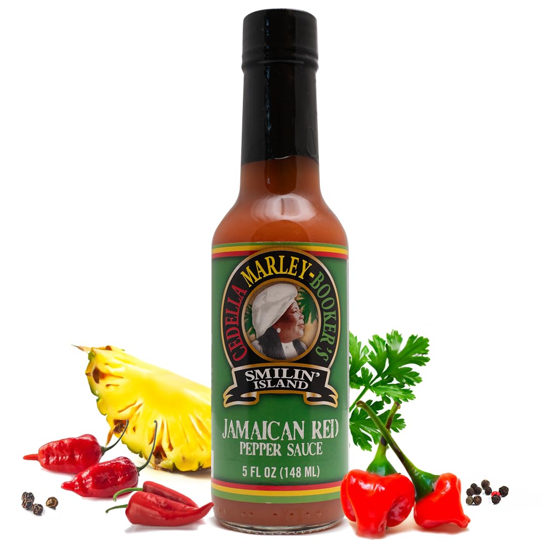 Smilin Island's Jamaican Red Hot Sauce with Habanero, Naga Jolokia Peppers and Pineapples 1Bottle 5oz by Cedella Marley Booker