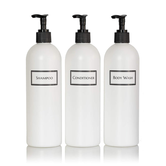 Artanis Home Silkscreened Empty Shower Bottle Set for Shampoo, Conditioner, and Body Wash, Cosmo/Bullet 16 oz 3-pack, White (Black Pumps)