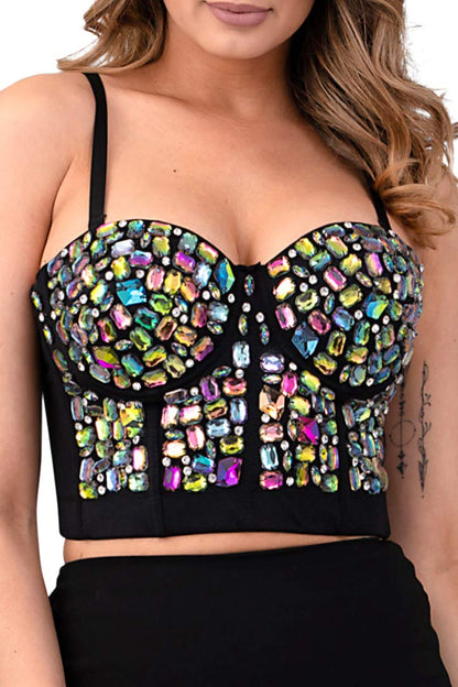 2Chique Boutique Women's Rhinestone Beaded Push Up Bustier Bra Crop Top (Small) Black